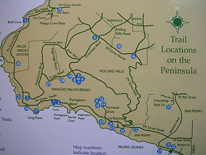 map of Palos Verdes Peninsula hiking trail locations